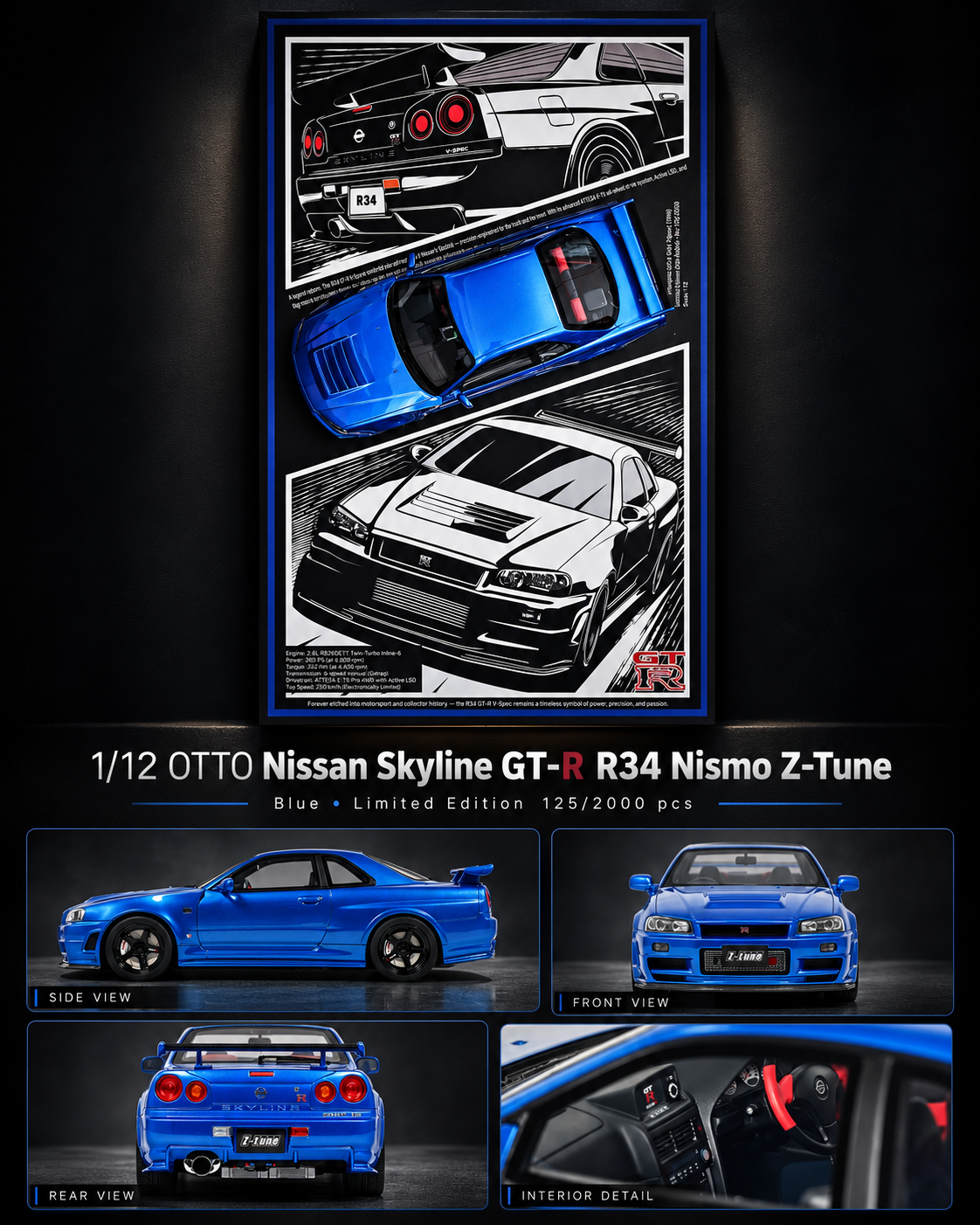 Nissan Skyline GT-R R34 – 1:12 Scale | Otto Mobile Limited Edition Art Frame (50×80 cm)