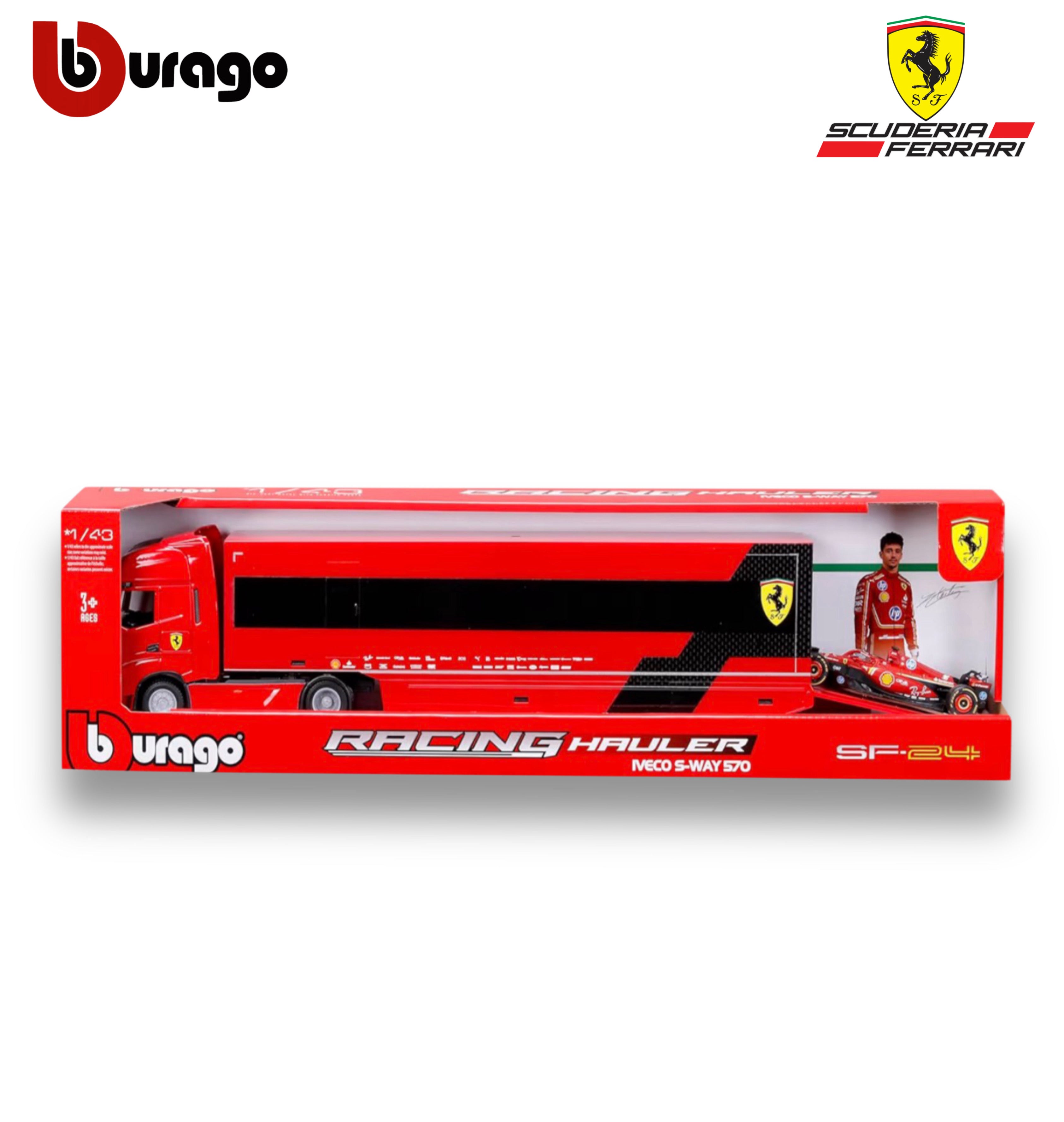 Iveco S-Way 570 Racing Transport with Ferrari SF-24 #16 Charles Leclerc – 1:43 Diecast Model