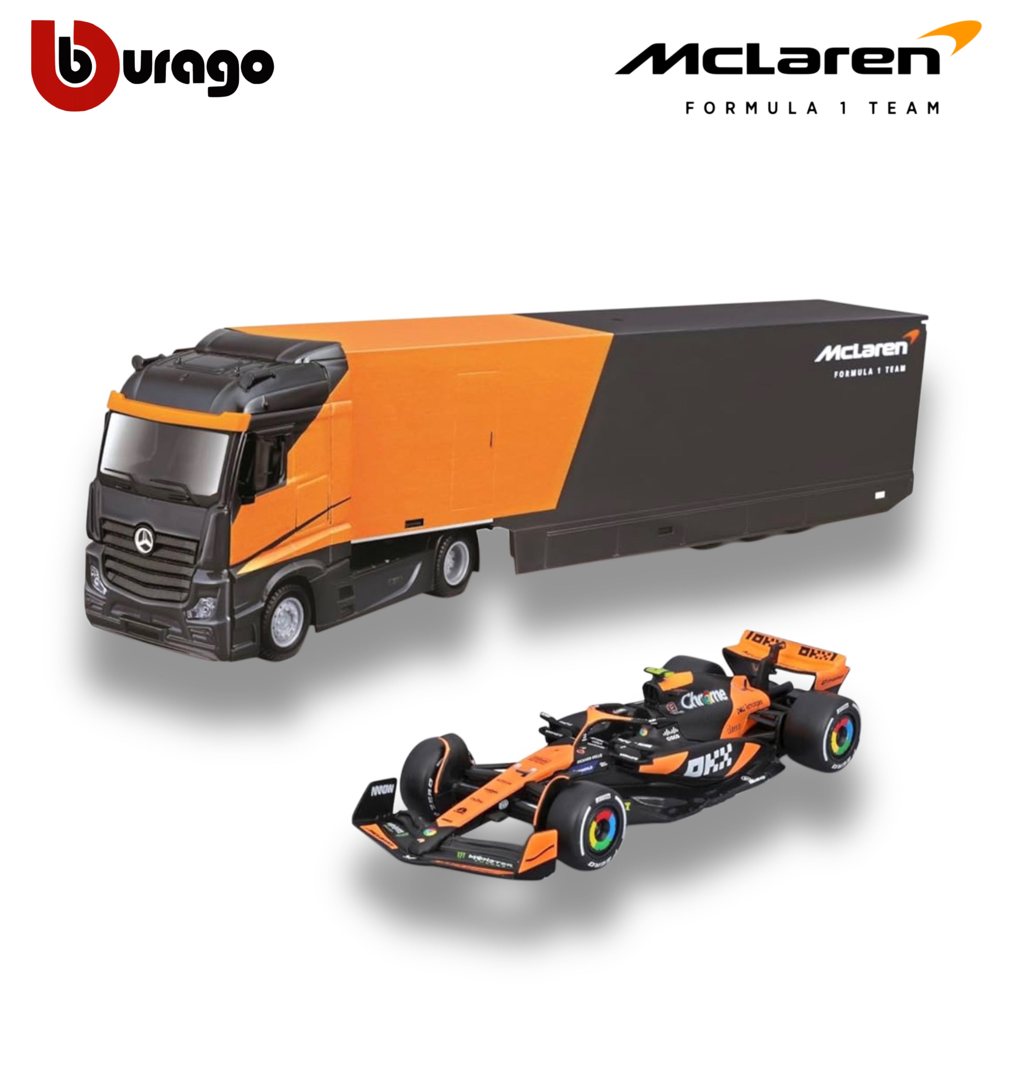 Mercedes Semi Truck with McLaren MCL38 #4 Lando Norris – 1:43 Diecast Model